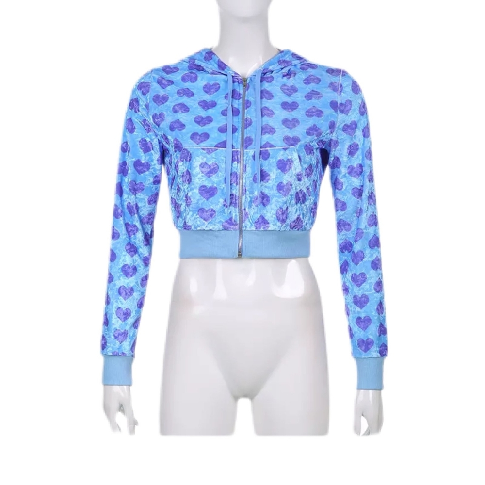 Y2K Barbiecore Baby Blue Dollz Kill SS Velour Hoodie Hearts Blue Crop Top Zip Up